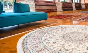 Un elegante tappeto Hamadan, con motivi floreali blu e rossi su fondo crema, adorna il pavimento di un negozio di tappeti.