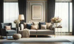 Un elegante divano beige con cuscini abbinati, un poltroncina grigia e un tavolino dorato creano un'atmosfera accogliente.