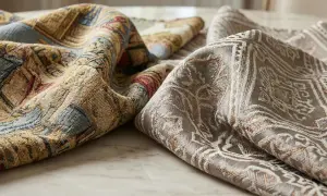 Tessuti pregiati con motivi geometrici e floreali, uno più pregiato se tessuto a mano, su un tavolo di marmo.