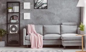 Un divano grigio con coperta rosa, libreria nera con piante e vinile, e un tavolino di legno: idee su cosa mettere vicino al divano per un tocco moderno.