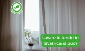 Tende chiare drappeggiate accanto a una finestra con una pianta in vaso. Il testo sovrapposto chiede: "Lavare le tende in lavatrice: si può?".