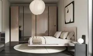 Camera da letto con letto rosa, armadio a specchio e lampada a sospensione. Idee per appartamenti moderni.