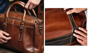 Mani che toccano una borsa in pelle marrone, evidenziando la texture e la cucitura. Si nota un piccolo buco sulla pelle vicino alla cerniera.