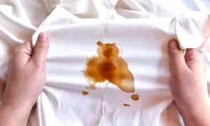 Mani che tengono un tessuto bianco con una macchia marrone. Si analizzano le macchie sui tessuti per trovare la soluzione migliore.