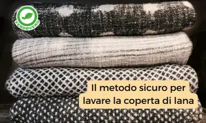 Pile di coperte di lana con motivi geometrici. Il testo indica "Il metodo sicuro per lavare la coperta di lana", suggerendo la temperatura ideale.