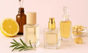 Profumi naturali in bottiglie di vetro con limone, rosmarino e lavanda. Ingredienti per creare profumi per la casa.