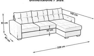 Disegno tecnico di un divano angolare a 4 posti con chaise longue. Dimensioni: altezza 83 cm, profondità chaise longue 142 cm, altezza seduta 42 cm, lunghezza totale 228 cm.
