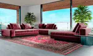 Soggiorno moderno con divano bordeaux e un tappeto persiano dai colori vivaci, che mostra diversi tipi di tappeti persiani.