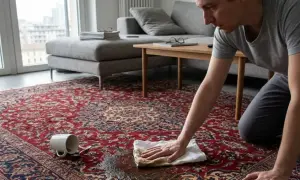 Uomo inginocchato su un tappeto rosso, tampona una macchia con un panno. Impara come lavare un tappeto grande in modo efficace.