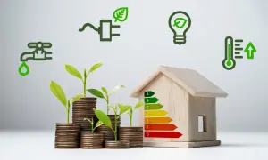 Piccola casa in legno con simboli di risparmio energetico e idrico, monete che crescono come piante, per un futuro di stile di vita sostenibile.