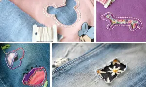 Patchwork creativo per imparare come rammendare un buco con stile: topolino, bassotto e fiori ricamati su jeans e tessuti colorati.