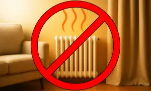 Divano accostato al termosifone, con un grande segnale di divieto rosso sopra.