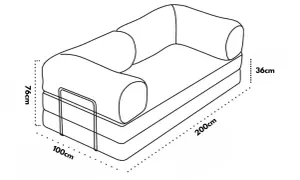 Schema di un divano con indicazioni sulle dimensioni: altezza 76cm, larghezza 100cm, profondità 200cm, altezza seduta 36cm.