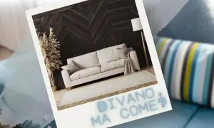 Un divano troppo grande, ma come? Un salotto moderno con un divano beige, tappeto chiaro e parete in legno scuro.