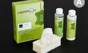 Kit Keralux per la cura della pelle anilina: pulitore, lozione e spugnetta.