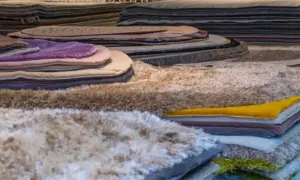Pile di tappeti morbidi e colorati, tra cui un tappeto seta che brilla.