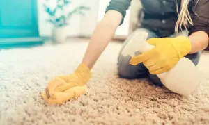 Mani con guanti gialli spruzzano detergente su un tappeto chiaro, mostrando come pulire un tappeto a secco con un panno.