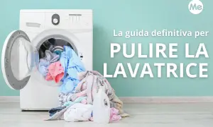 Guida definitiva per pulire la lavatrice: un elettrodomestico bianco con un cestello pieno di panni colorati e una bottiglia di detersivo.