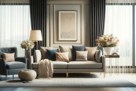 Un elegante divano beige con cuscini abbinati, un poltroncina grigia e un tavolino dorato creano un'atmosfera accogliente.
