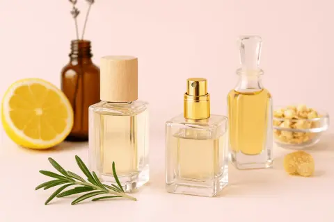 Profumi naturali in bottiglie di vetro con limone, rosmarino e lavanda. Ingredienti per creare profumi per la casa.