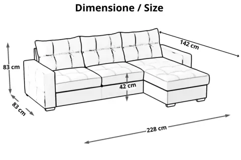 Disegno tecnico di un divano angolare a 4 posti con chaise longue. Dimensioni: altezza 83 cm, profondità chaise longue 142 cm, altezza seduta 42 cm, lunghezza totale 228 cm.