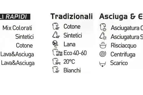 Simbolo centrifuga lavatrice, con opzioni per cicli rapidi, tradizionali e asciugatura.