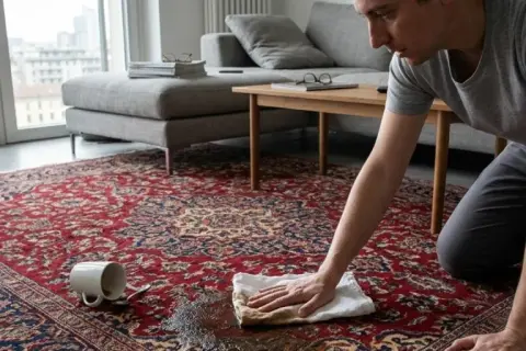 Uomo inginocchato su un tappeto rosso, tampona una macchia con un panno. Impara come lavare un tappeto grande in modo efficace.