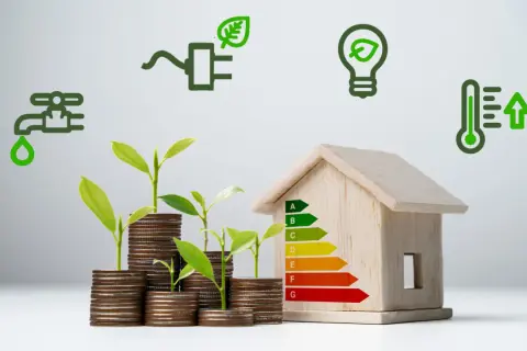 Piccola casa in legno con simboli di risparmio energetico e idrico, monete che crescono come piante, per un futuro di stile di vita sostenibile.