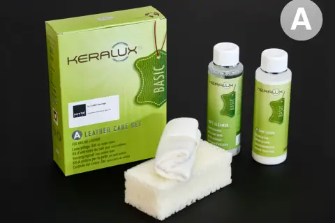 Kit Keralux per la cura della pelle anilina: pulitore, lozione e spugnetta.