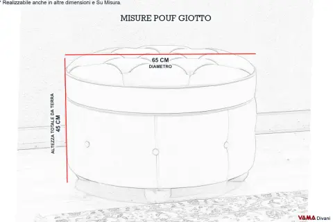 Pouf Giotto con altezza totale da terra 45 cm e diametro 65 cm.