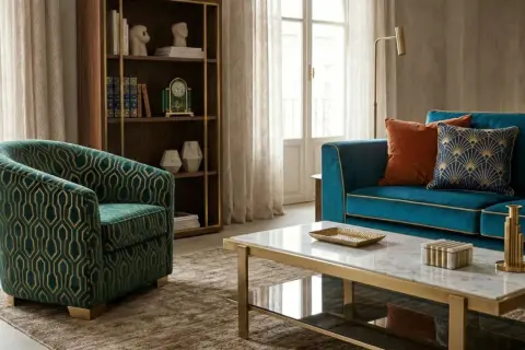 Poltrona verde con motivo geometrico dorato, che ricorda come si fa il velluto. Divano blu, tavolino in marmo e libreria completano l'arredamento.