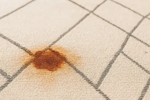 Macchie di ruggine su un tappeto beige con motivo a rombi grigi.