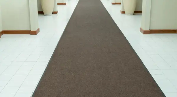 Un lungo tappeto marrone, una vera e propria passatoia, guida verso l'infinito in un corridoio luminoso con colonne e piante.