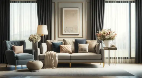 Un elegante divano beige con cuscini abbinati, un poltroncina grigia e un tavolino dorato creano un'atmosfera accogliente.