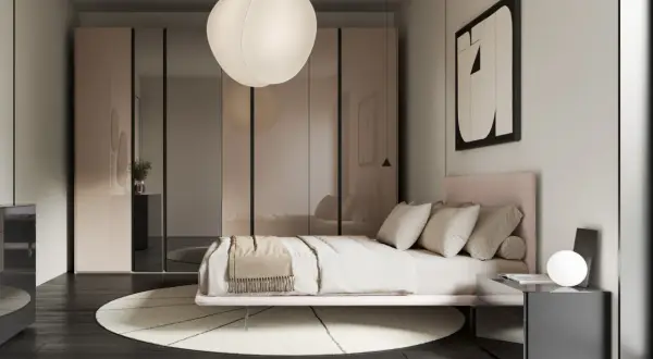 Camera da letto con letto rosa, armadio a specchio e lampada a sospensione. Idee per appartamenti moderni.