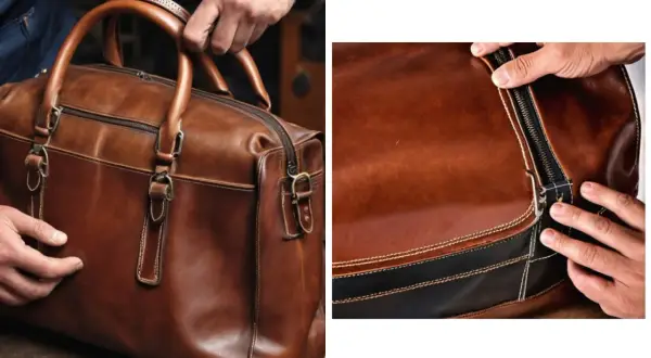 Mani che toccano una borsa in pelle marrone, evidenziando la texture e la cucitura. Si nota un piccolo buco sulla pelle vicino alla cerniera.