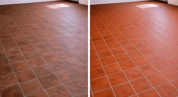Pavimento in cotto prima e dopo il trattamento con pelle cerata. La differenza è notevole, il colore è più vivo e protetto.