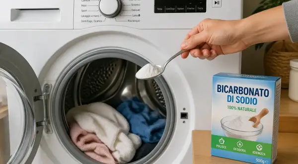 Mano aggiunge bicarbonato di sodio alla lavatrice per disinfettare e deodorare.