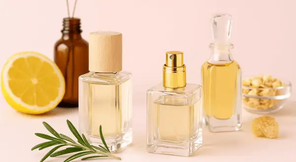 Profumi naturali in bottiglie di vetro con limone, rosmarino e lavanda. Ingredienti per creare profumi per la casa.