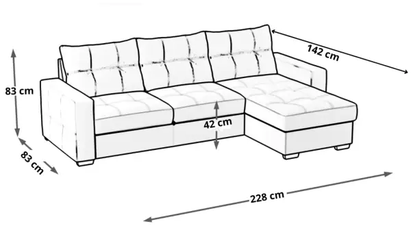 Disegno tecnico di un divano angolare a 4 posti con chaise longue. Dimensioni: altezza 83 cm, profondità chaise longue 142 cm, altezza seduta 42 cm, lunghezza totale 228 cm.