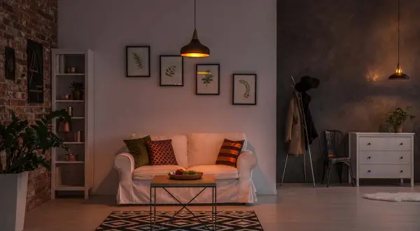 Soggiorno accogliente con divano bianco, tappeto geometrico e lampade che creano un'atmosfera calda, perfetti colori per stanze poco luminose.