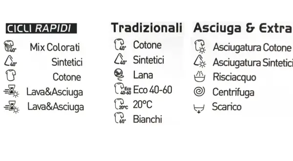Simbolo centrifuga lavatrice, con opzioni per cicli rapidi, tradizionali e asciugatura.