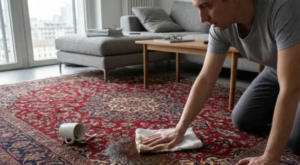 Uomo inginocchato su un tappeto rosso, tampona una macchia con un panno. Impara come lavare un tappeto grande in modo efficace.