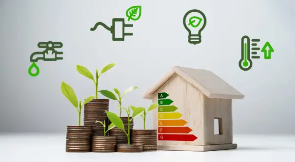 Piccola casa in legno con simboli di risparmio energetico e idrico, monete che crescono come piante, per un futuro di stile di vita sostenibile.
