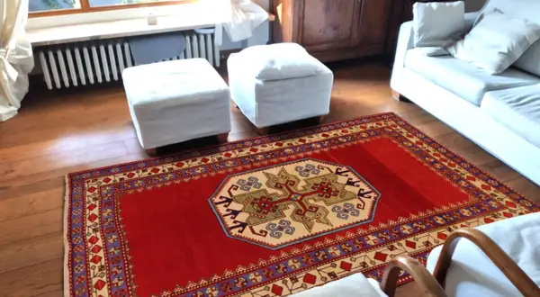 Un tappeto rosso con motivi geometrici, che evoca l'autenticità dei tappeti rustici, adorna il pavimento in legno di un soggiorno accogliente.