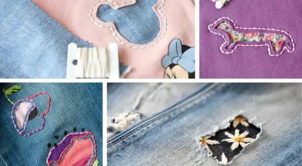 Patchwork creativo per imparare come rammendare un buco con stile: topolino, bassotto e fiori ricamati su jeans e tessuti colorati.