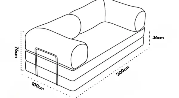Schema di un divano con indicazioni sulle dimensioni: altezza 76cm, larghezza 100cm, profondità 200cm, altezza seduta 36cm.