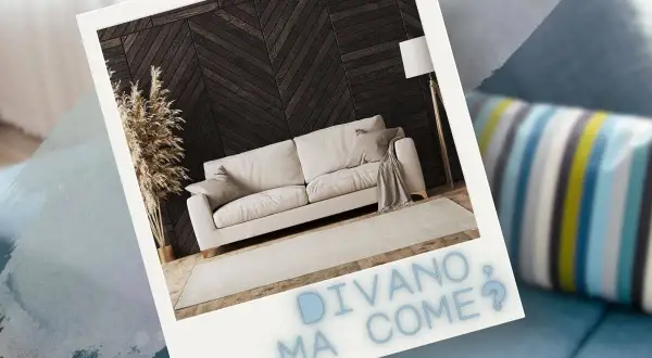 Un divano troppo grande, ma come? Un salotto moderno con un divano beige, tappeto chiaro e parete in legno scuro.