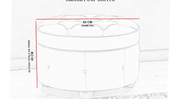 Pouf Giotto con altezza totale da terra 45 cm e diametro 65 cm.