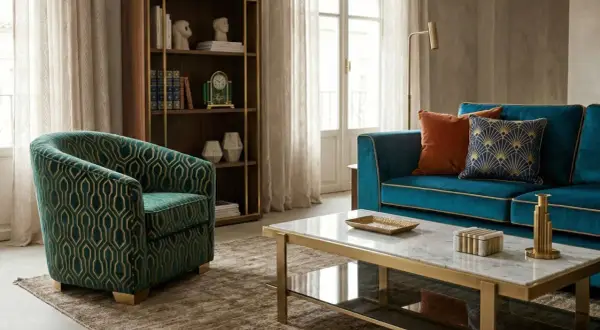 Poltrona verde con motivo geometrico dorato, che ricorda come si fa il velluto. Divano blu, tavolino in marmo e libreria completano l'arredamento.